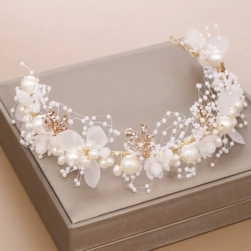 DIAMRI Pearl Flower Crown Bridal Headpiece Boho Hair Accessory