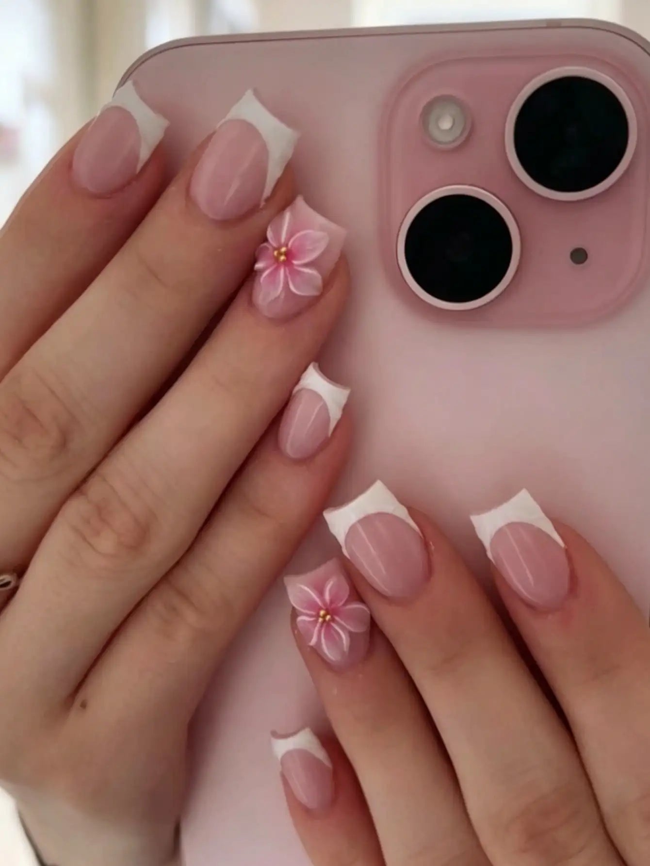 24Pcs Short Square French Flower Acrylic Press On Nails