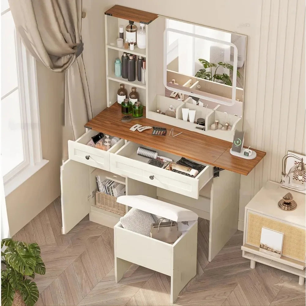 Chengwei Large Farmhouse Makeup Vanity Desk With Mirror And Lights