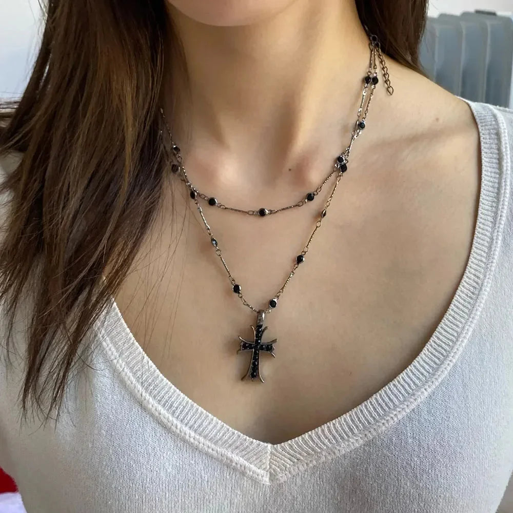 Rhinestone Cross Pendant Choker Necklace For Women Vintage