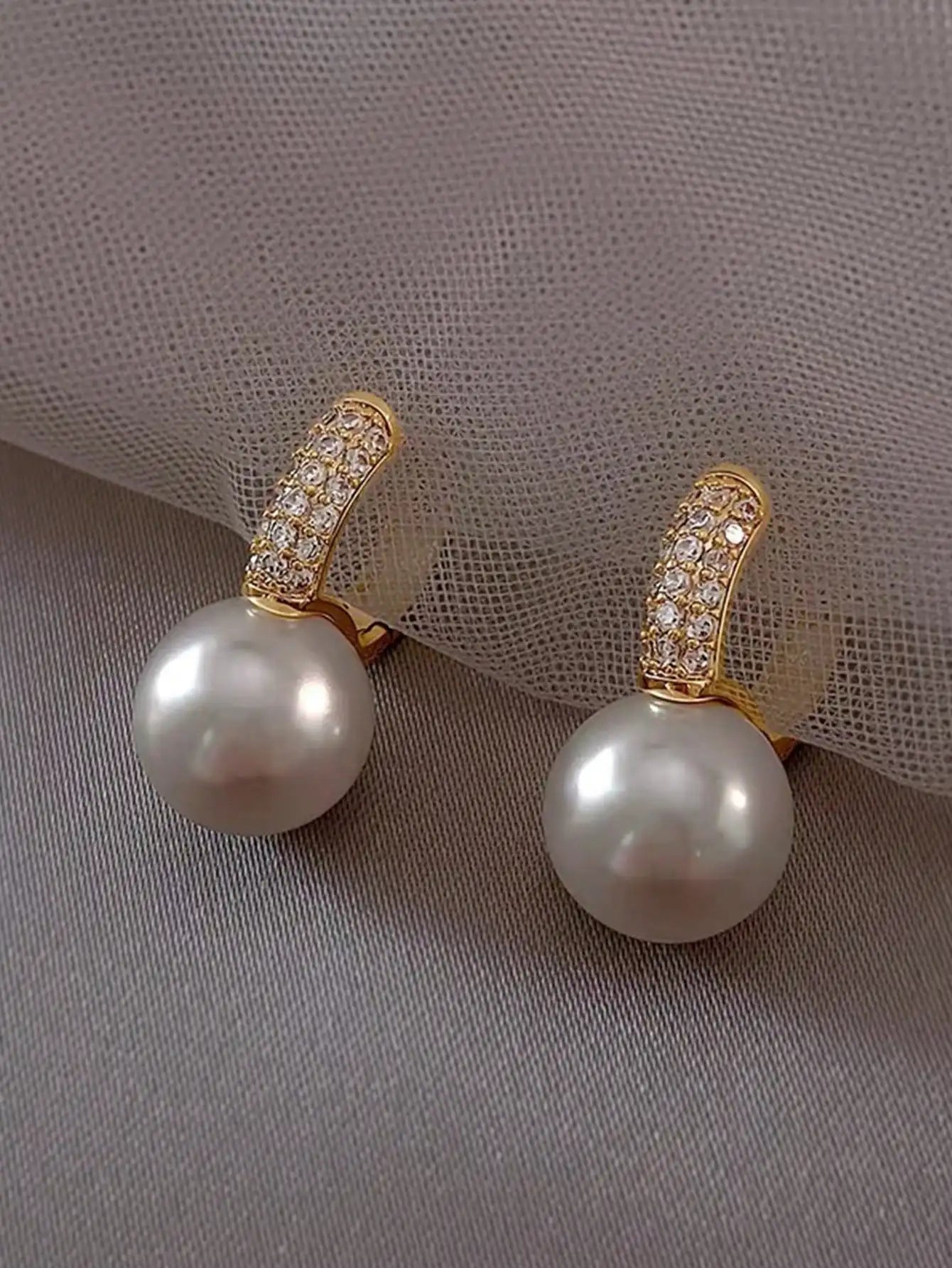 Elegant Faux Pearl Rhinestone Hoop Earrings For Women Copper Alloy