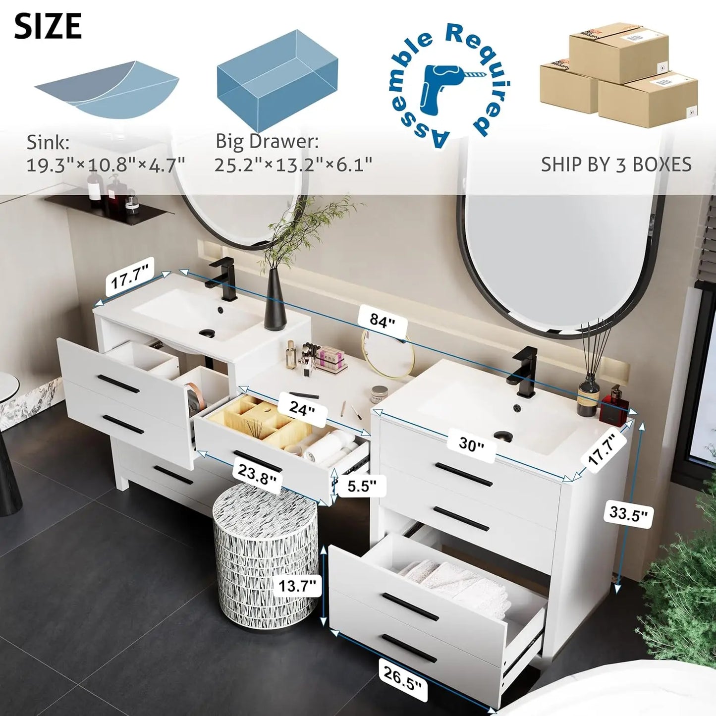 Modern Bathroom Vanity and Makeup Desk Combo with Sink