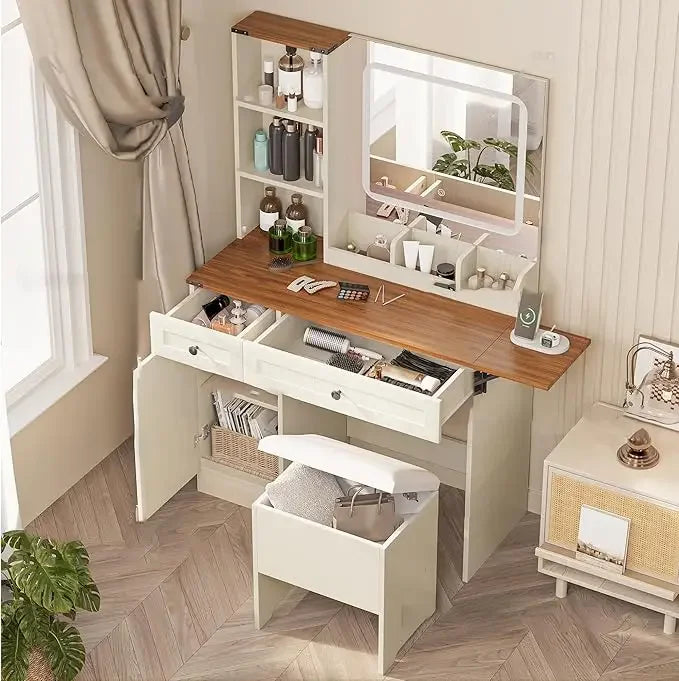 Chengwei Large Farmhouse Makeup Vanity Desk With Mirror And Lights