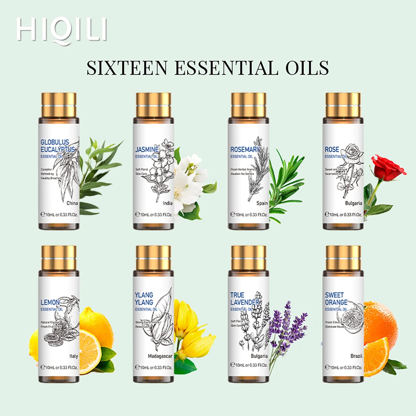 Hiqili Essential Oils Set Lavender Eucalyptus Vanilla Jasmine Mint Rose