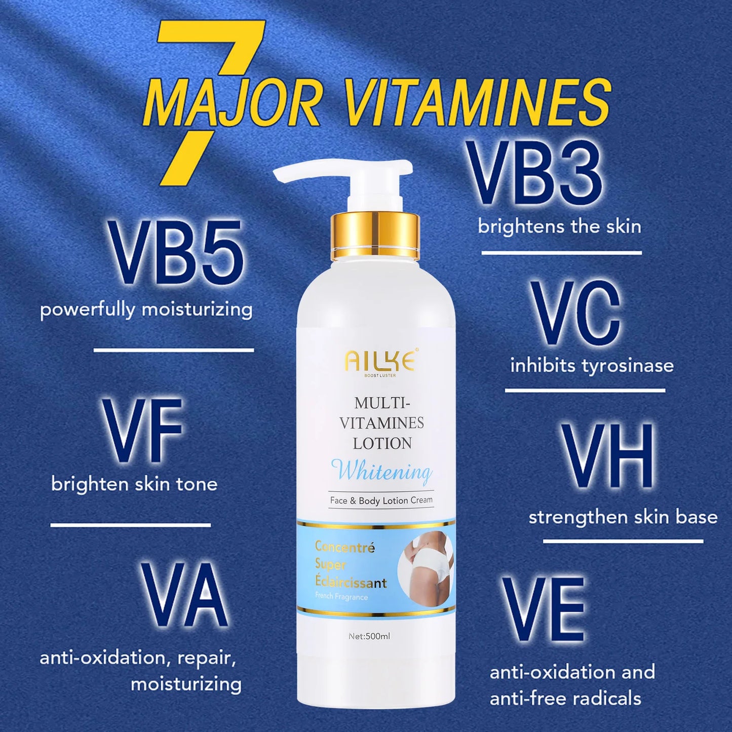AILKE Multi-Vitamin Body Lotion, Whiten, Brighten, Removes Dark Spots, Moisturizes, Smoothes & antioxidant, for Private Logo