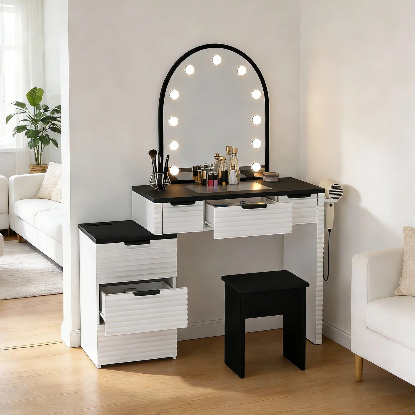 Modern Makeup Vanity Desk With Mirror Light Glass Top