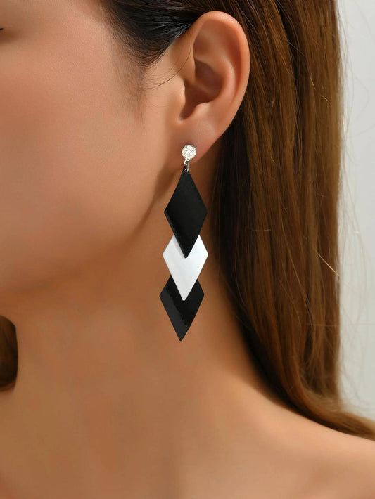 Geometric Diamond Drop Earrings With Crystal Studs And Acrylic Layers