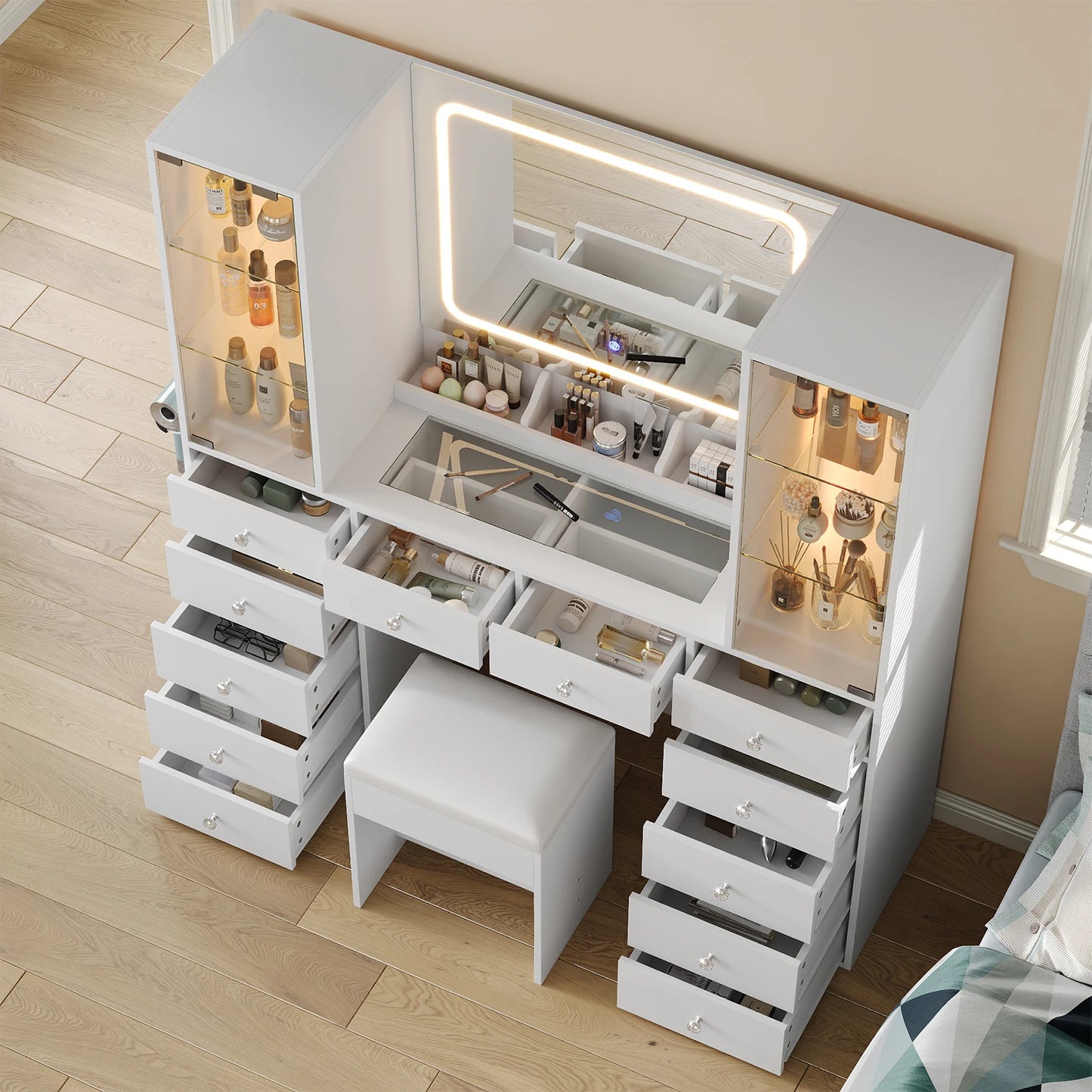 Wooden Bedroom Vanity Desk With Mirror And 12 Drawers