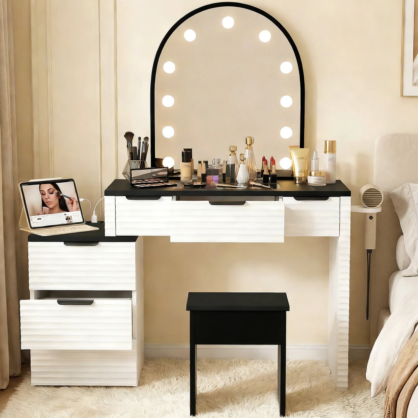 Modern Makeup Vanity Desk With Mirror Light Glass Top