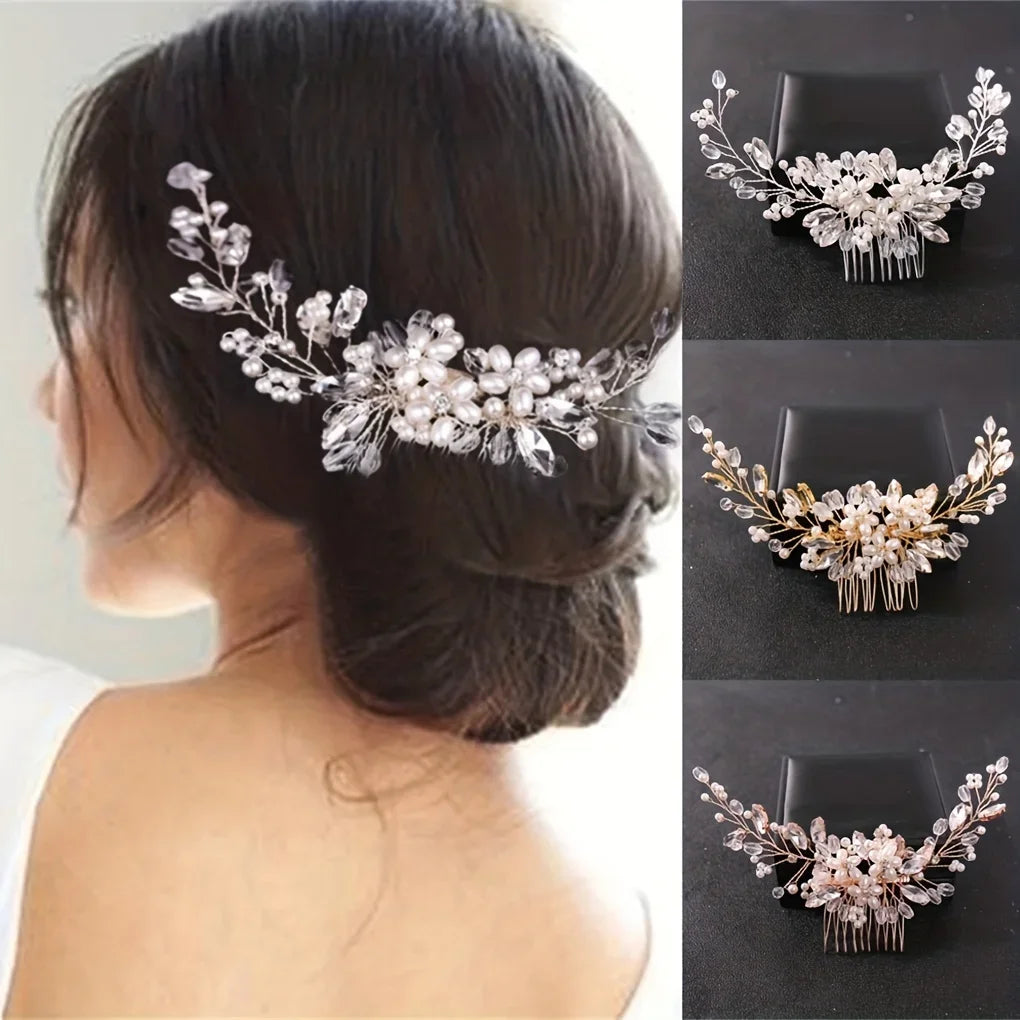 Crystal Rhinestone Flower Pearl Hair Comb Hair Accessories Jewelry