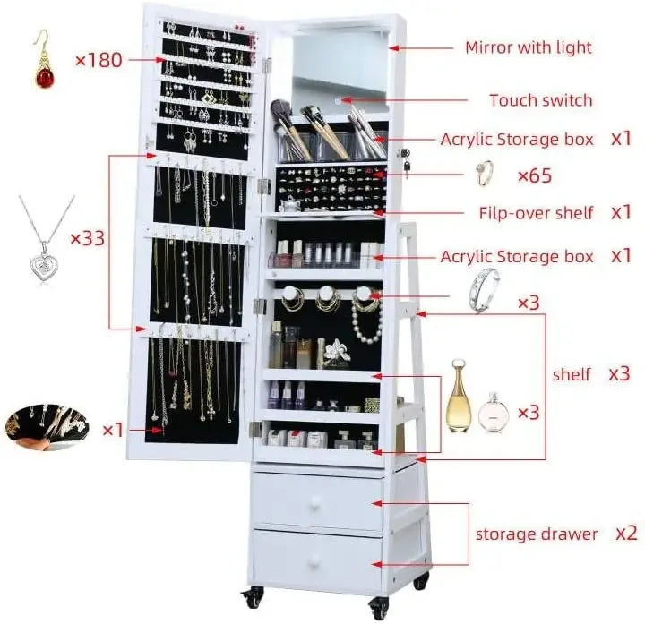 Jewelry Cabinet With Drawers Wheels Mirror Rotatable Vanity