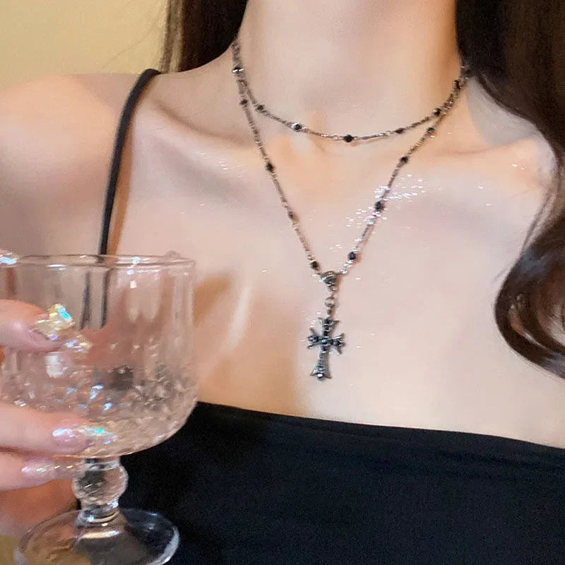 Rhinestone Cross Pendant Choker Necklace For Women Vintage