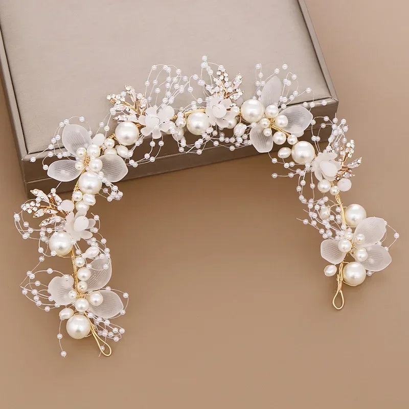 DIAMRI Pearl Flower Crown Bridal Headpiece Boho Hair Accessory