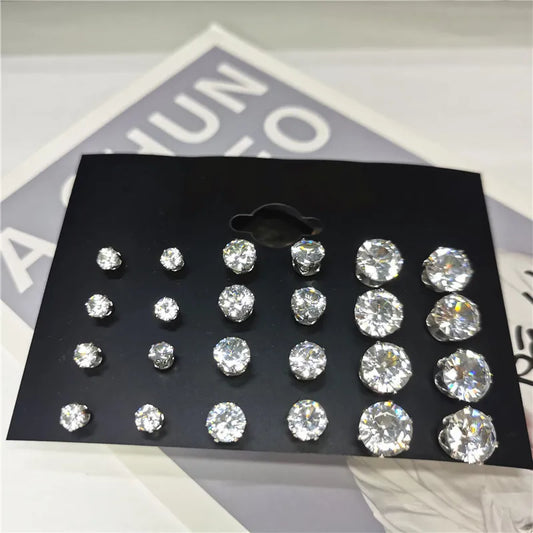 Cubic Zirconia Stud Earrings Stainless Steel Claw Set 12 Pairs