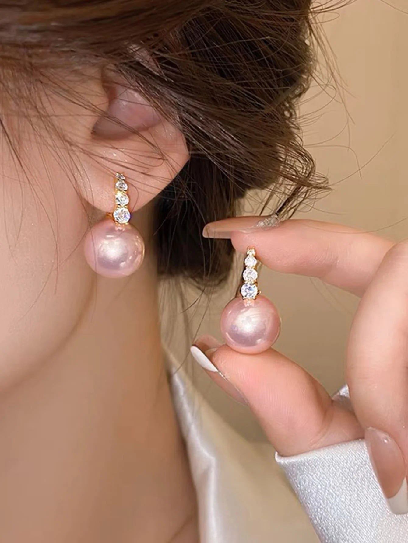 Elegant Faux Pearl Rhinestone Hoop Earrings For Women Copper Alloy