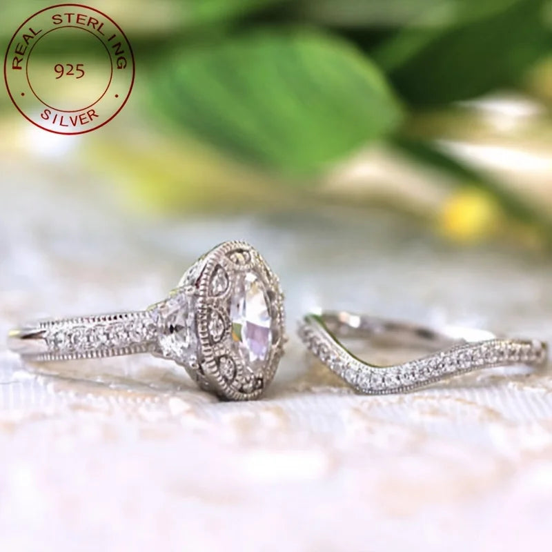 WPOOCC Two 925 Sterling Silver Wedding Band Set Zircon
