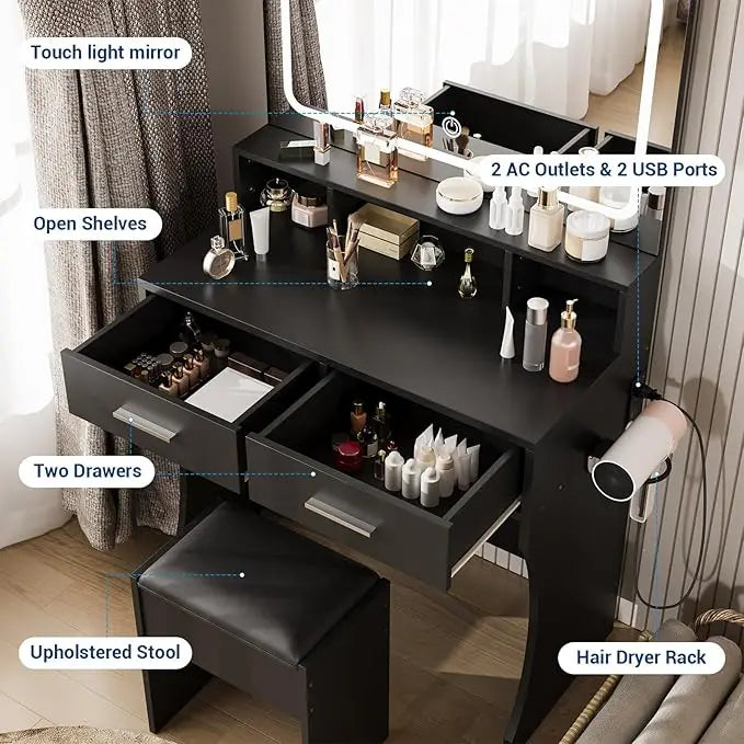 HiMISS Bedroom Vanity Mirror With LED Lights And Power Outlets
