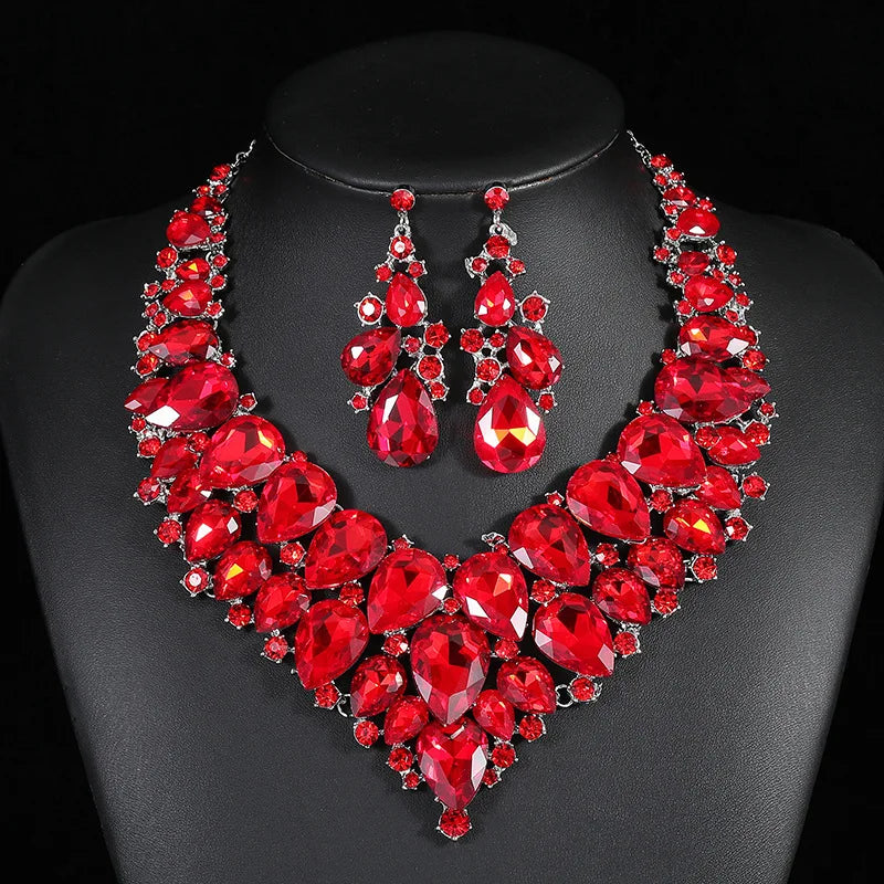 Exaggerated Necklace Earrings Set Temperament Alloy Zircon Crystal Glass