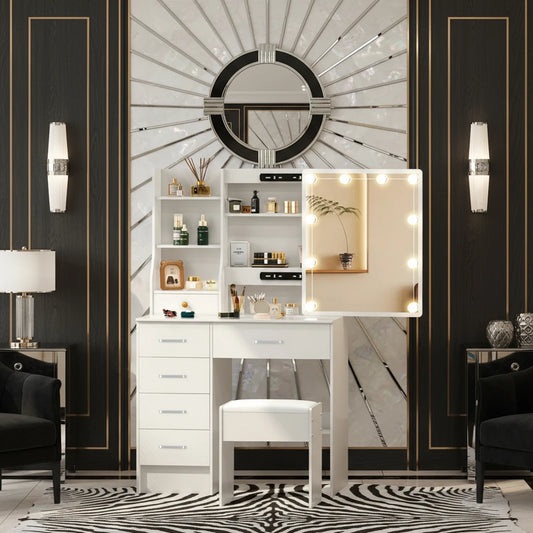 Onesaimei Dressing Table With Led Mirror Drawer Vanity Desk Stool