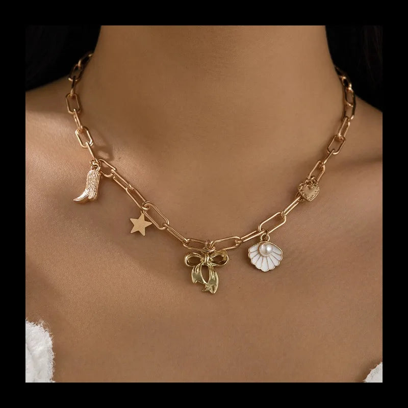 NONECN Fashion Bow Scallop Chain Necklace With Imitation Pearl