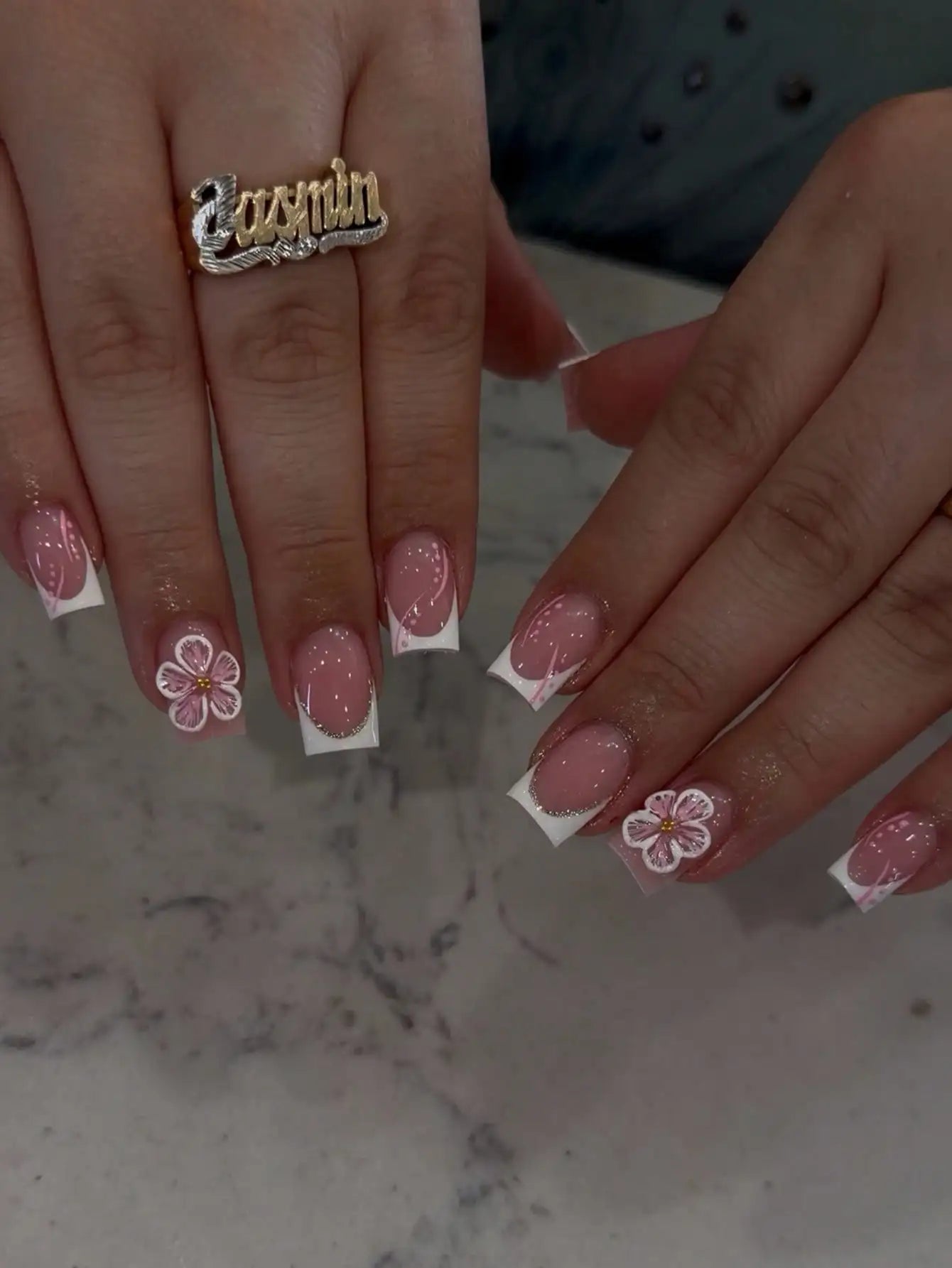 24Pcs Short Square French Flower Acrylic Press On Nails