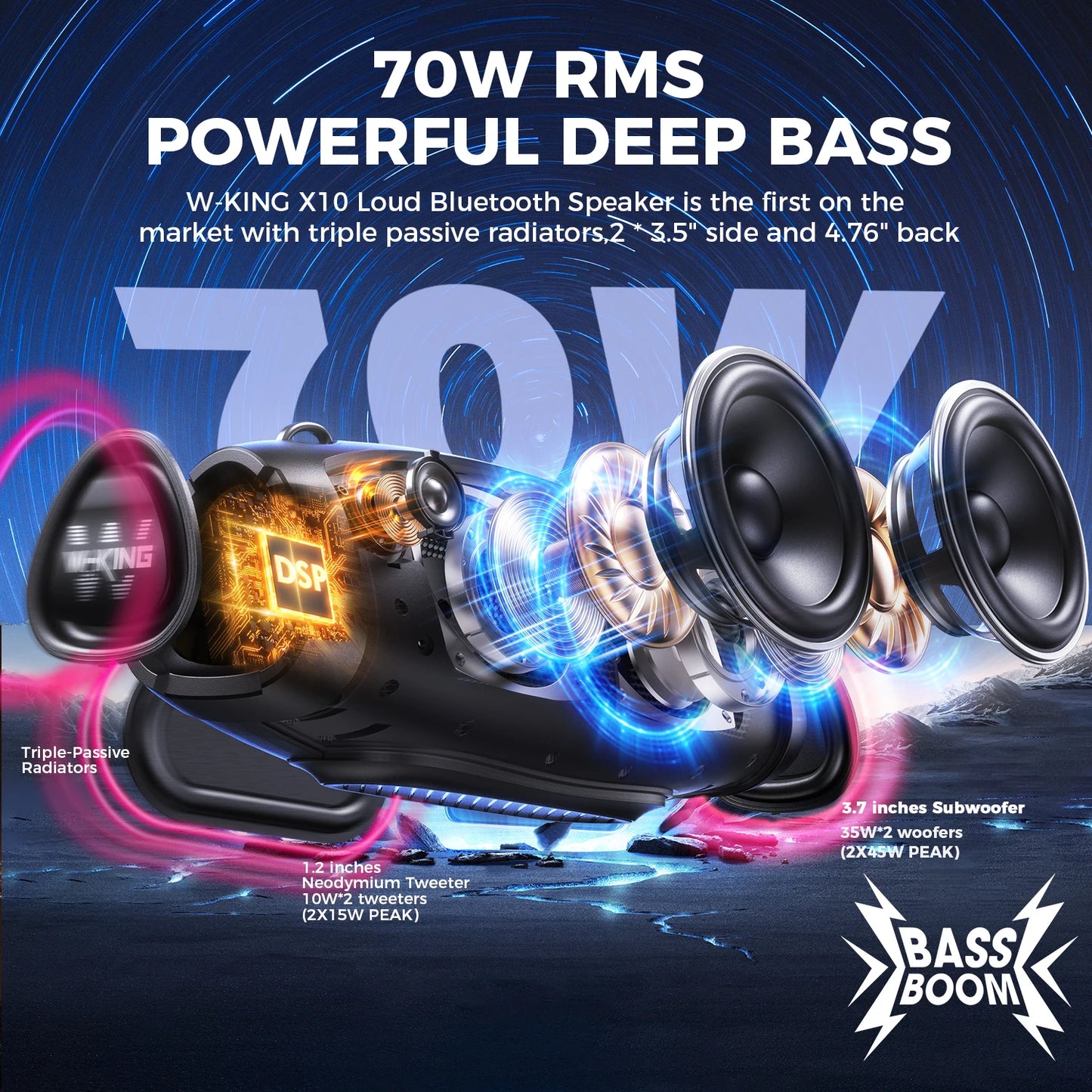 W-King 70W Portable Outdoor Waterproof Bluetooth Speaker