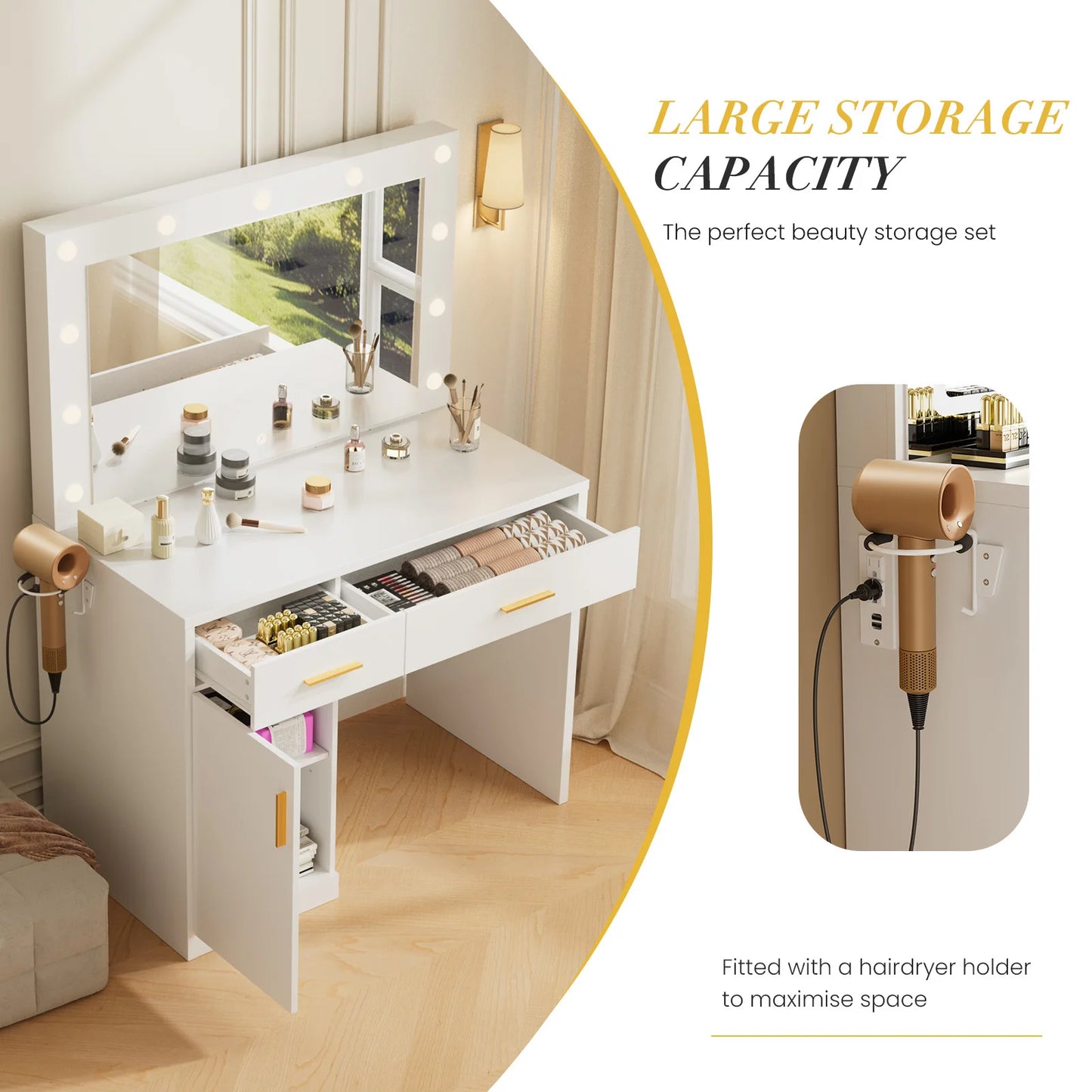 JHK Vanity Desk With Mirror And LED Strip Lighting