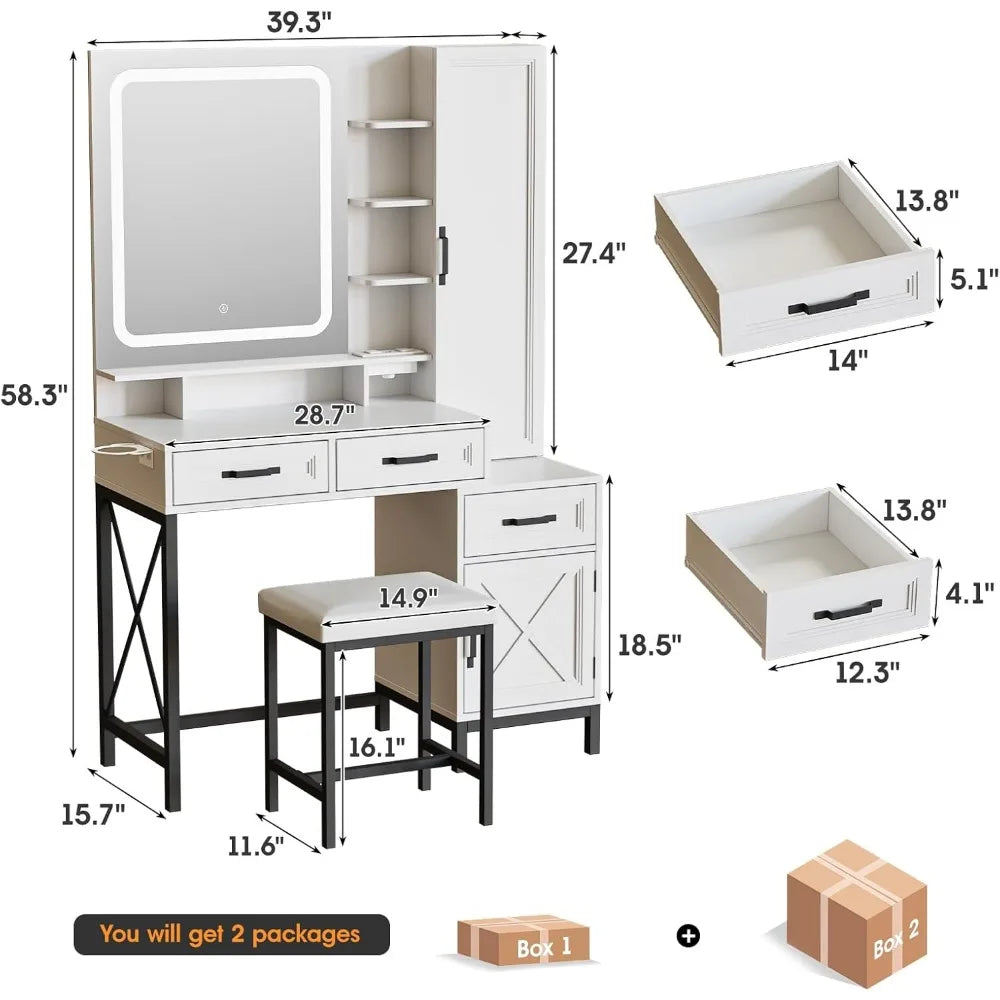 Vanity Desk with LED Mirror. Jewelry Cabinet,3 Drawers & Cabinets,Lots of Storage