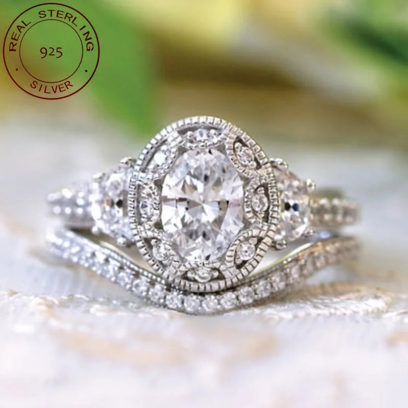 WPOOCC Two 925 Sterling Silver Wedding Band Set Zircon