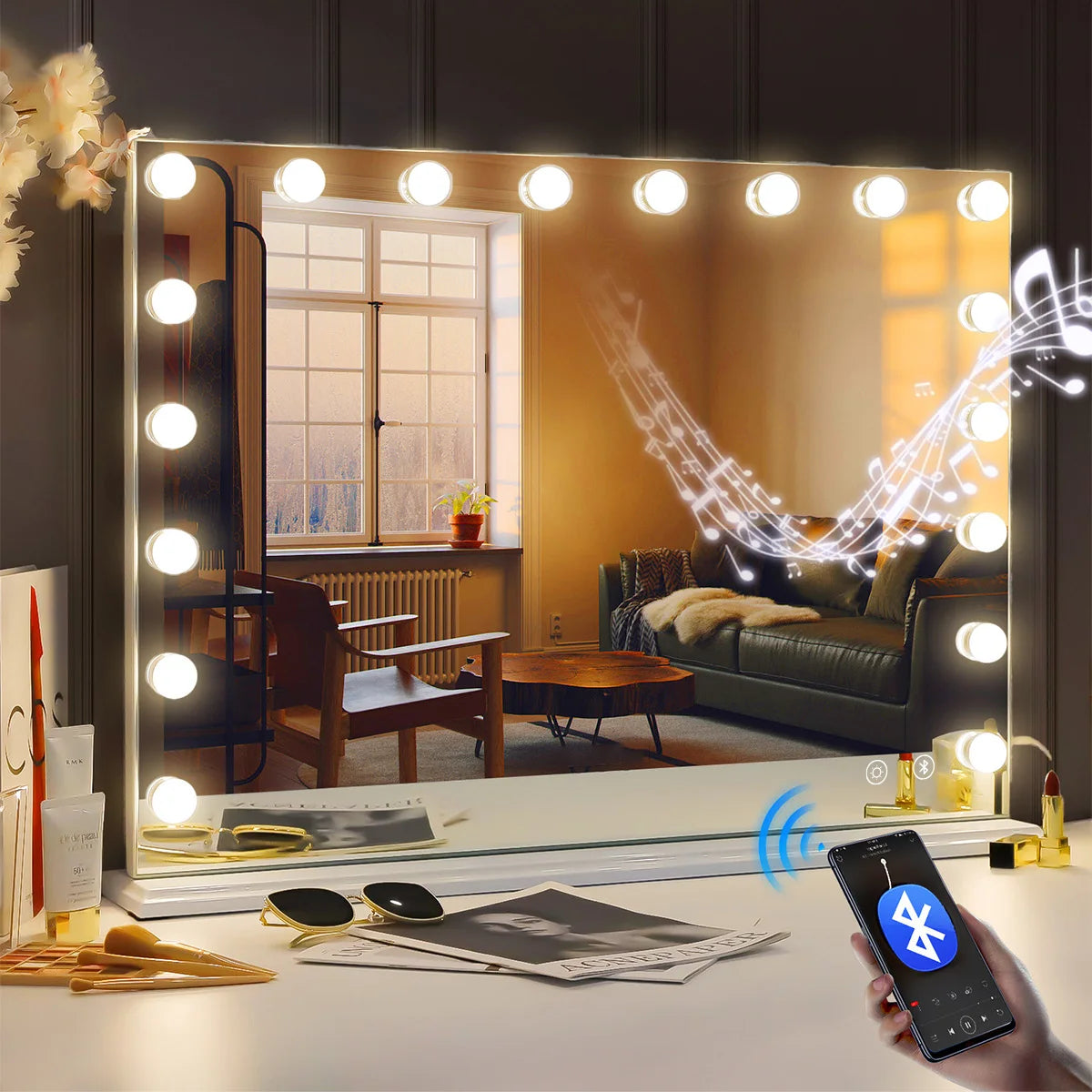 Large Vanity Mirror With Lights And Bluetooth Speakers Dimmable LED Lights With 10 Times Magnification USB Port