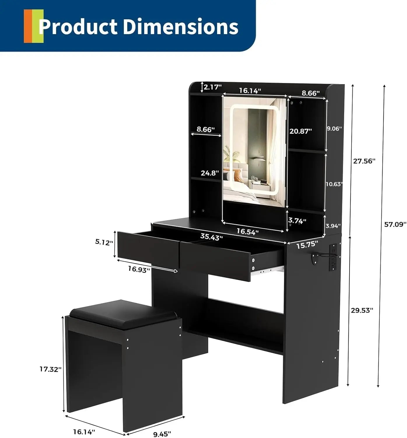 HiMISS Vanity Desk With Mirror And Lights Padded Stool
