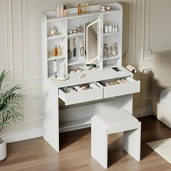 HiMISS Vanity Desk With Mirror And Lights Padded Stool