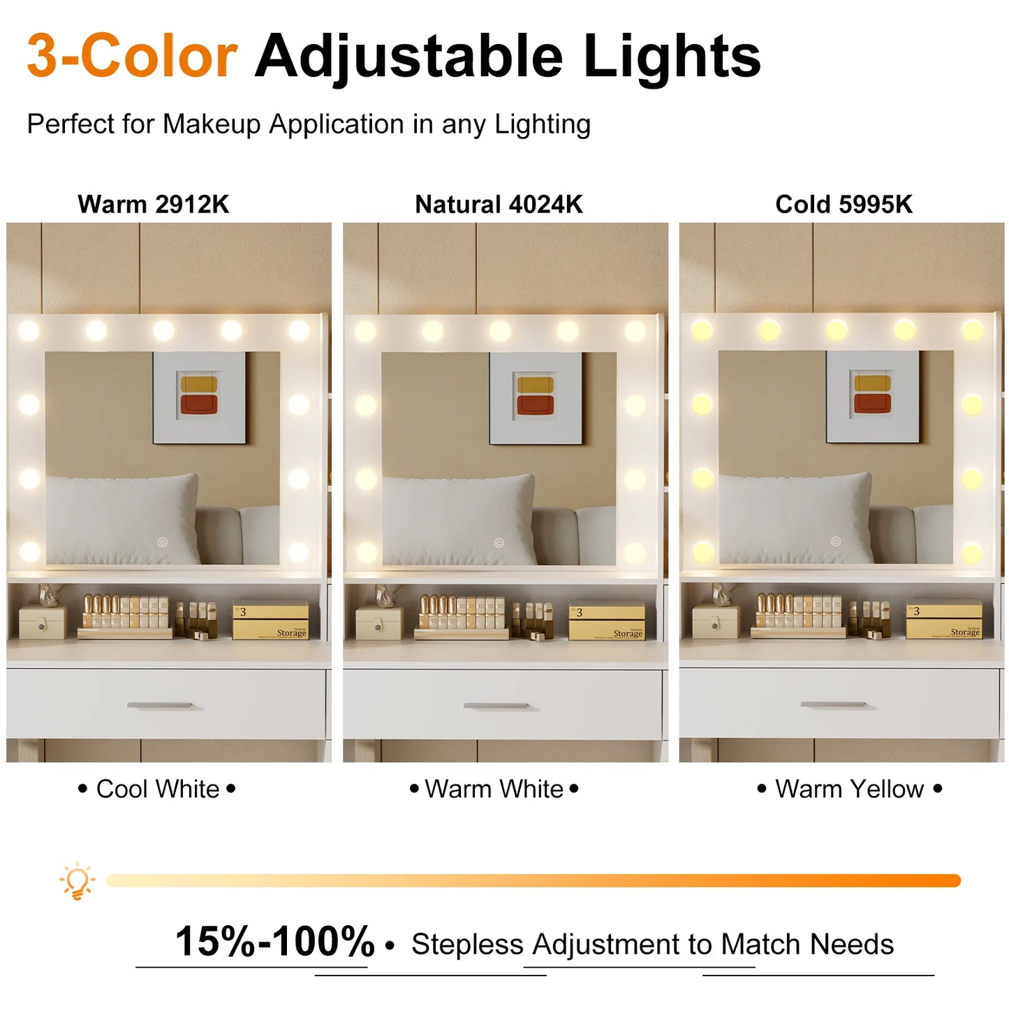 JHK Desser Vanity Desk With Mirror Lights And Storage