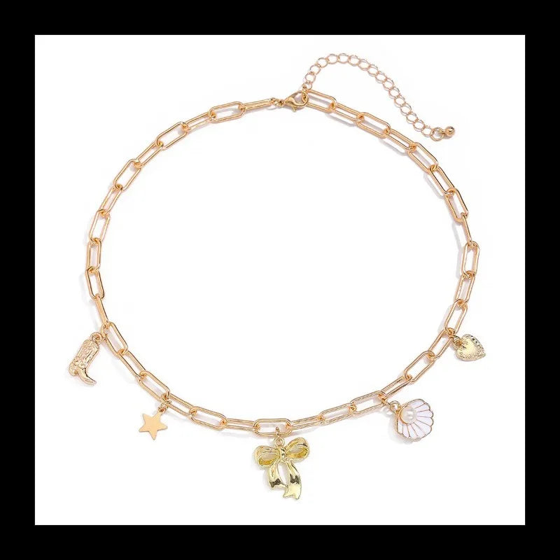 NONECN Fashion Bow Scallop Chain Necklace With Imitation Pearl