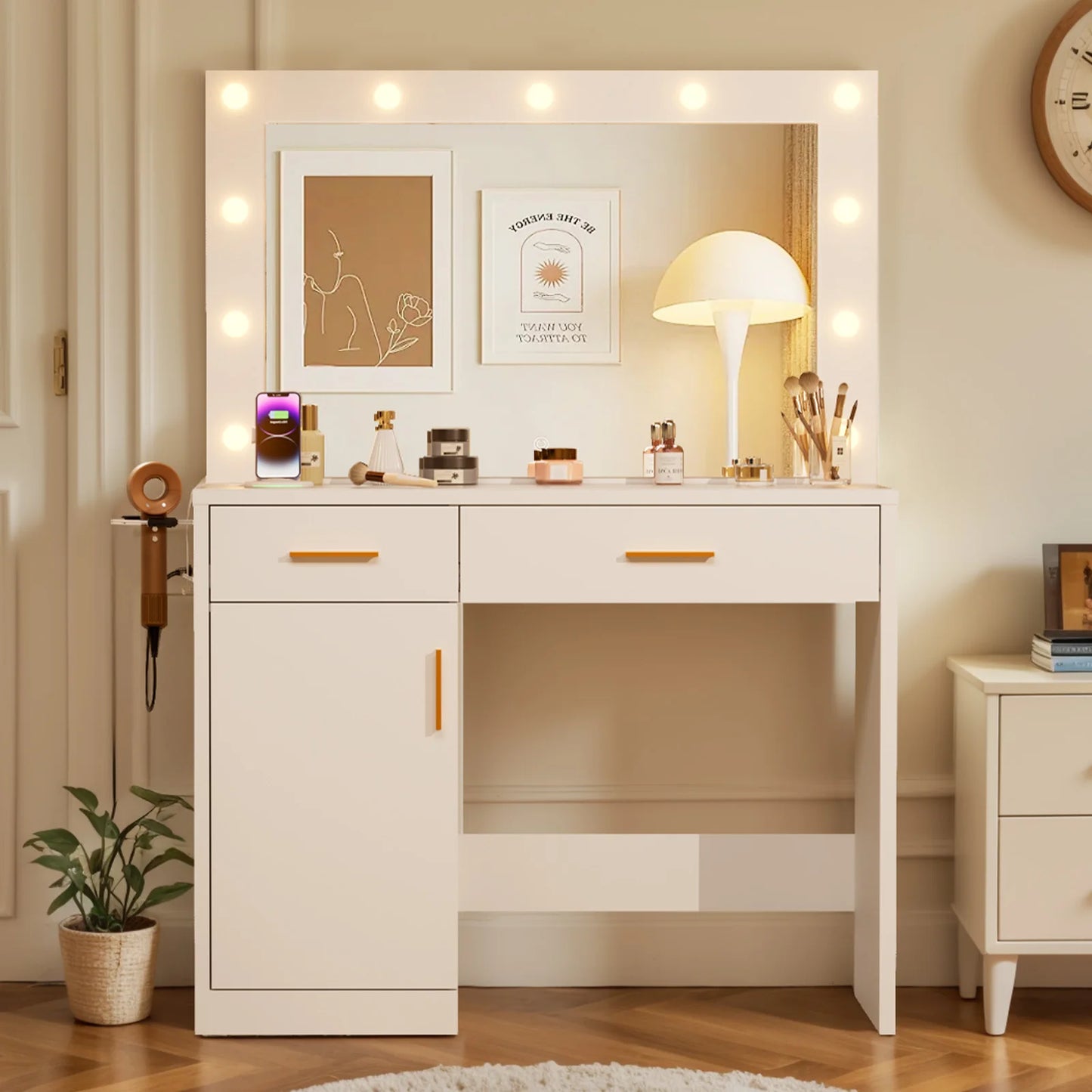 JHK Vanity Desk With Mirror And LED Strip Lighting