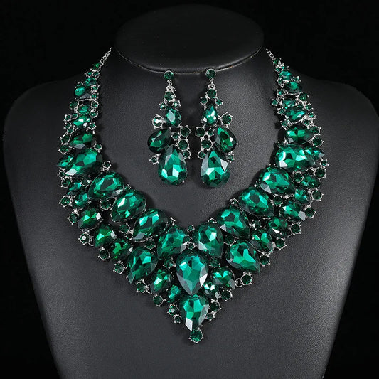 Exaggerated Necklace Earrings Set Temperament Alloy Zircon Crystal Glass