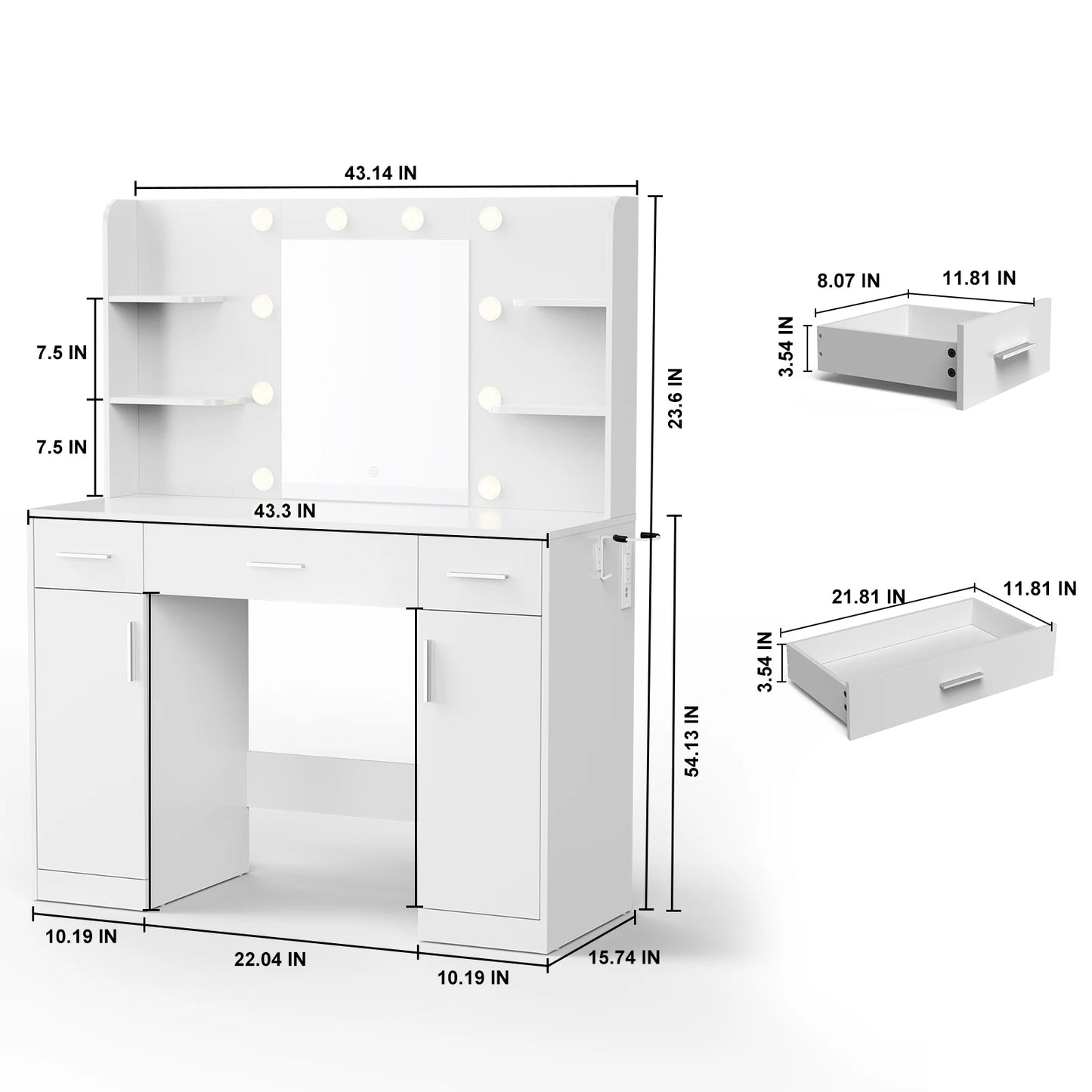 JHK Desser Vanity Desk With Mirror Lights And Storage
