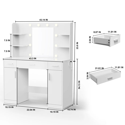JHK Desser Vanity Desk With Mirror Lights And Storage