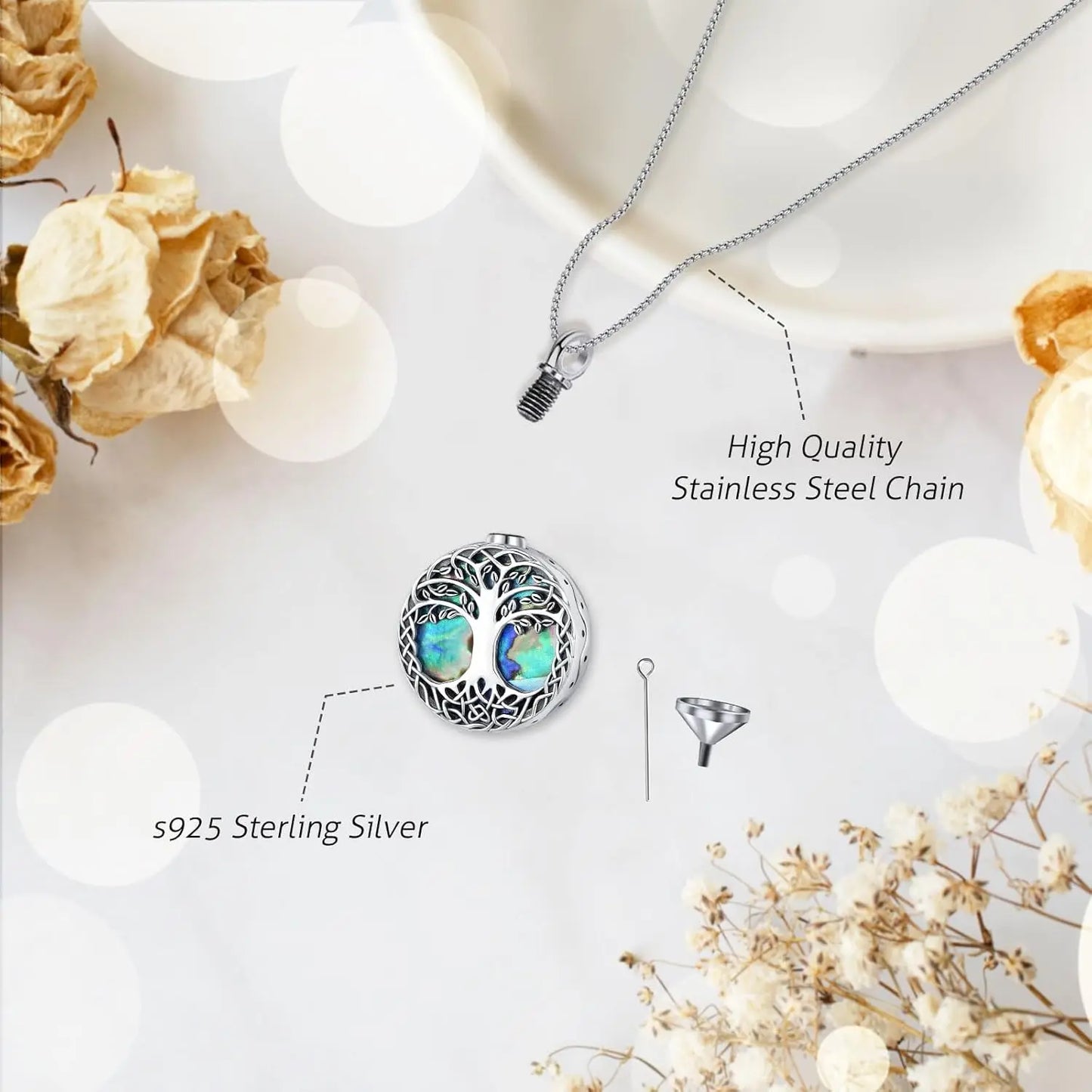 DRINSPER Tree Of Life SeaShell 925 Sterling Silver Urn Necklace