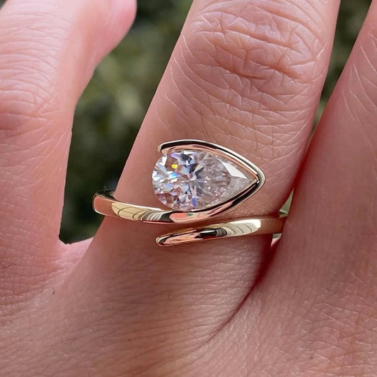 Moissanite Pear Cut Engagement Ring S925 Silver 18K Gold Plated