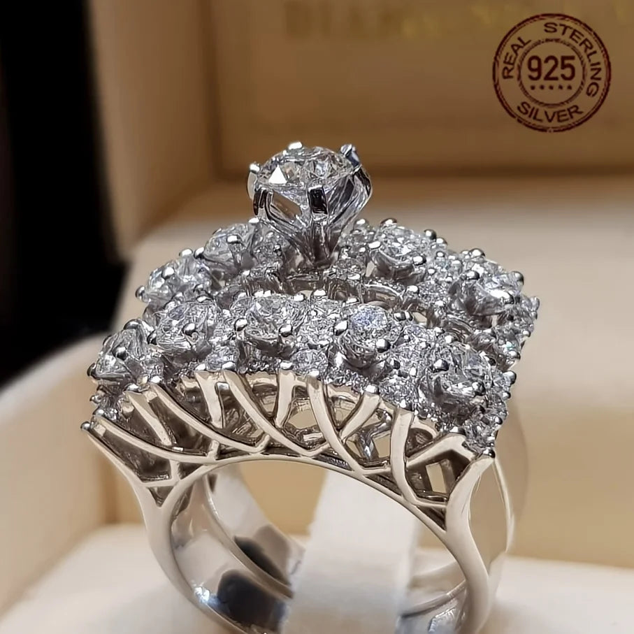 WPOOCC Luxury Zircon 925 Sterling Silver Wedding Banquet Ring