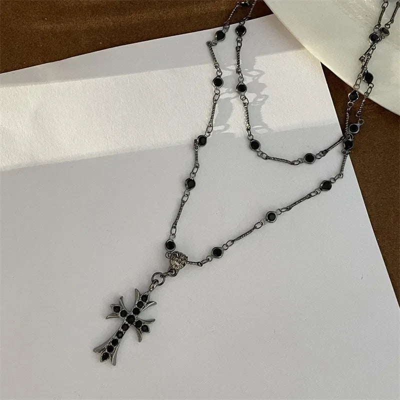 Rhinestone Cross Pendant Choker Necklace For Women Vintage