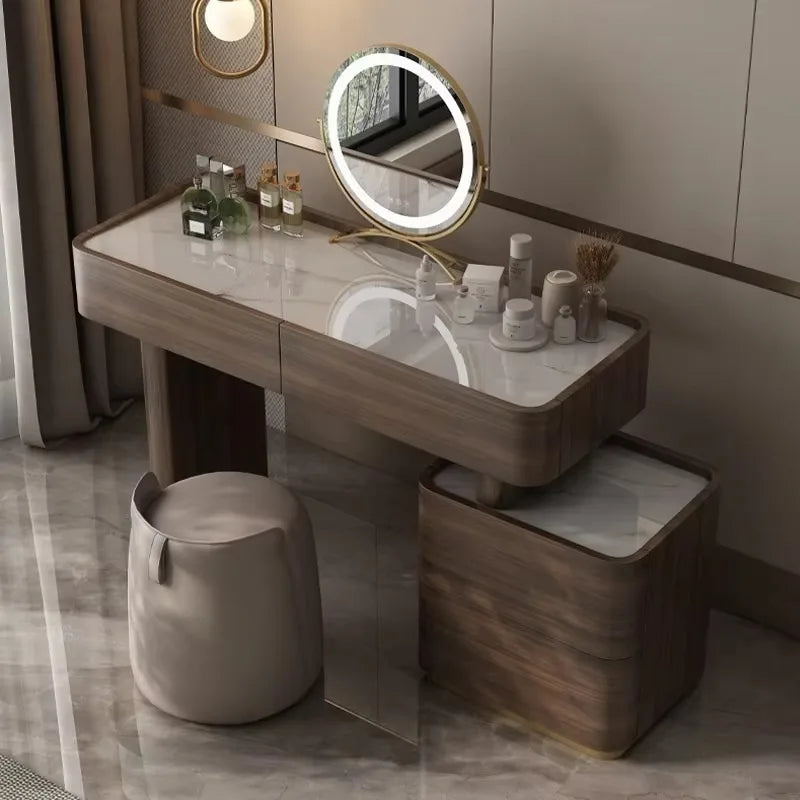 Natural Brown Vanity Desk Drawers European Led Storage Lounges Dressing Table