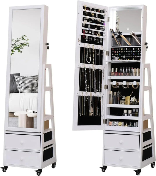 Jewelry Cabinet With Drawers Wheels Mirror Rotatable Vanity