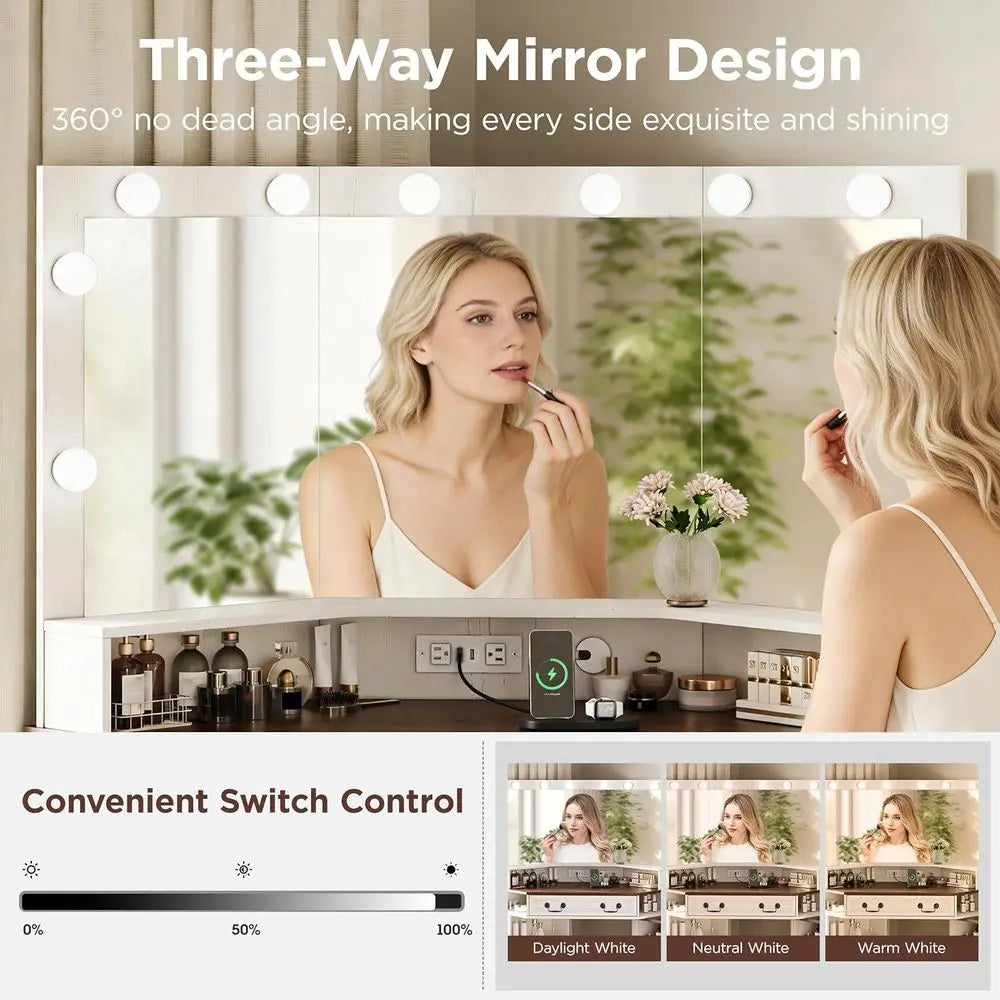XMSJ Vanity Desk With 3 Way Mirror And LED Lighting