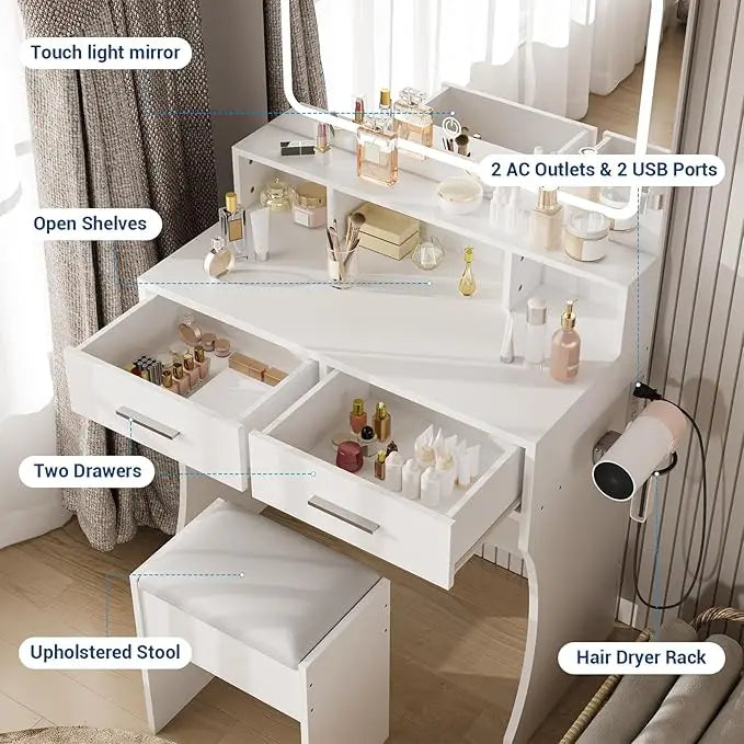 HiMISS Bedroom Vanity Mirror With LED Lights And Power Outlets
