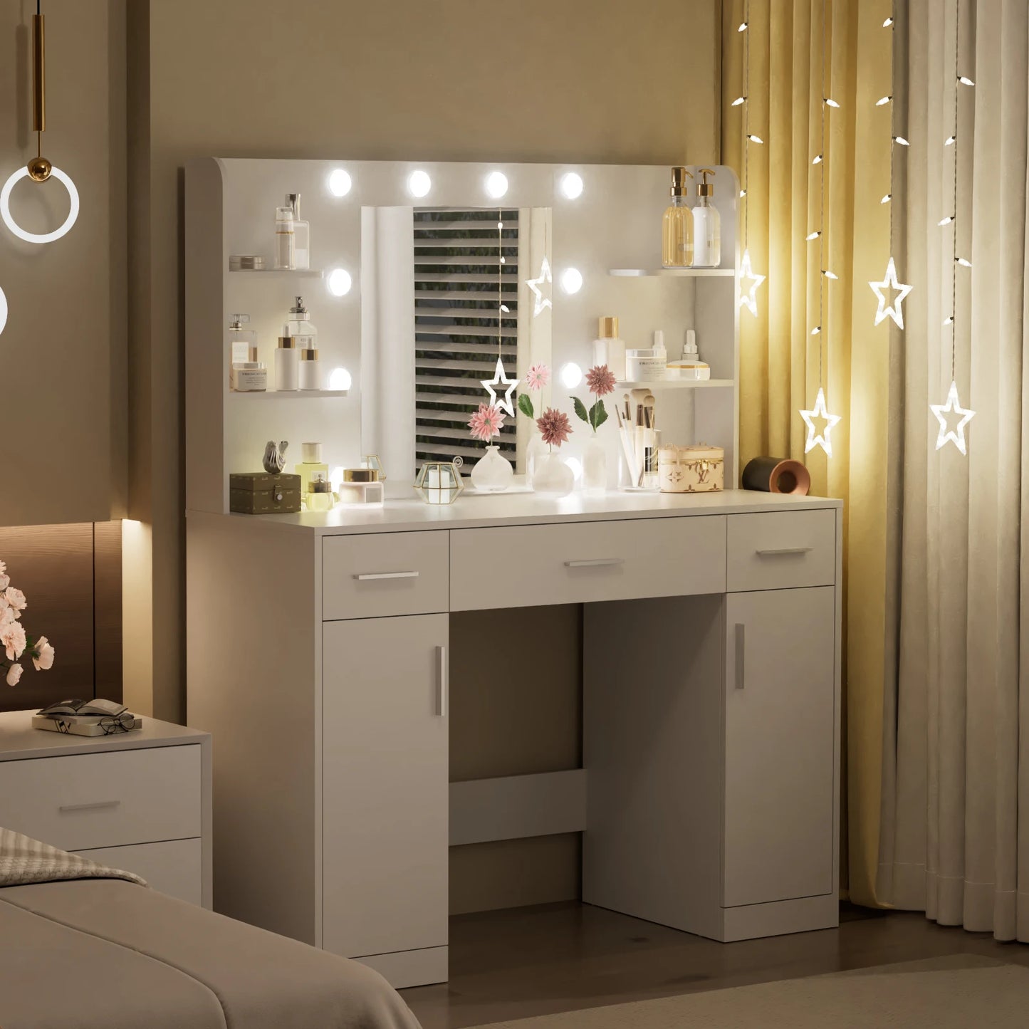 JHK Desser Vanity Desk With Mirror Lights And Storage