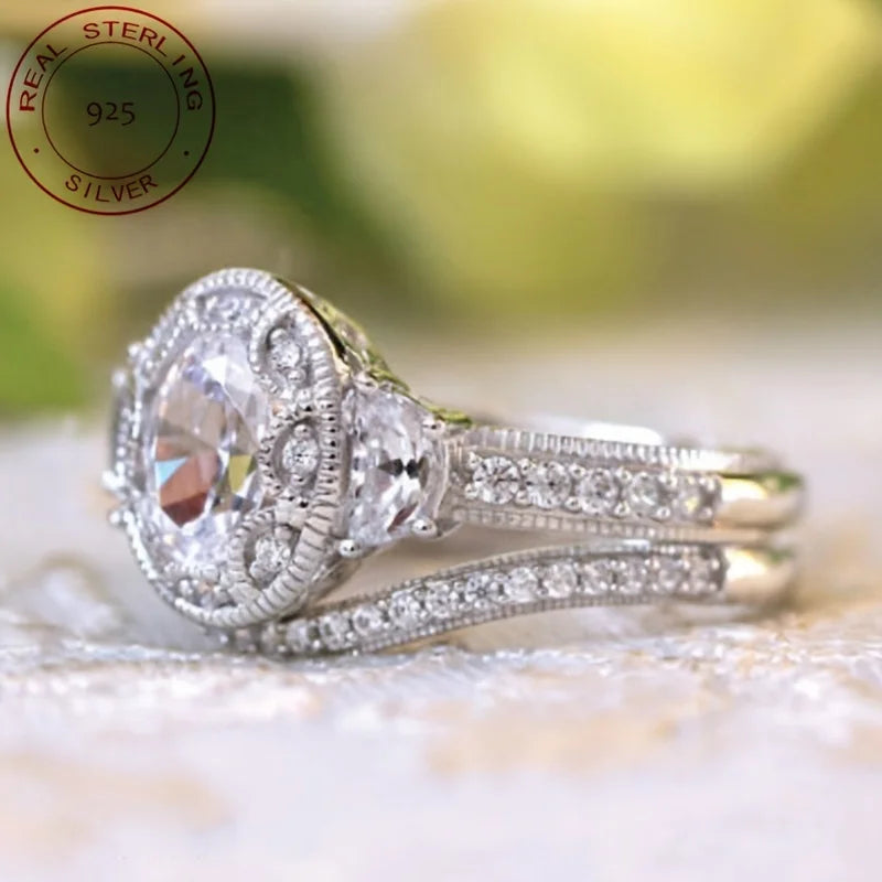 WPOOCC Two 925 Sterling Silver Wedding Band Set Zircon