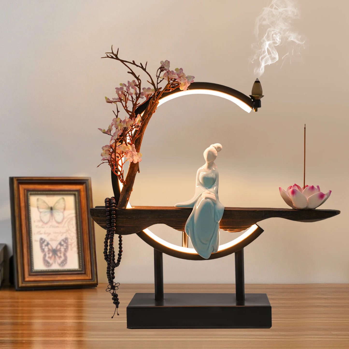 Backflow Waterfall Incense Burner Resin Holder With Light