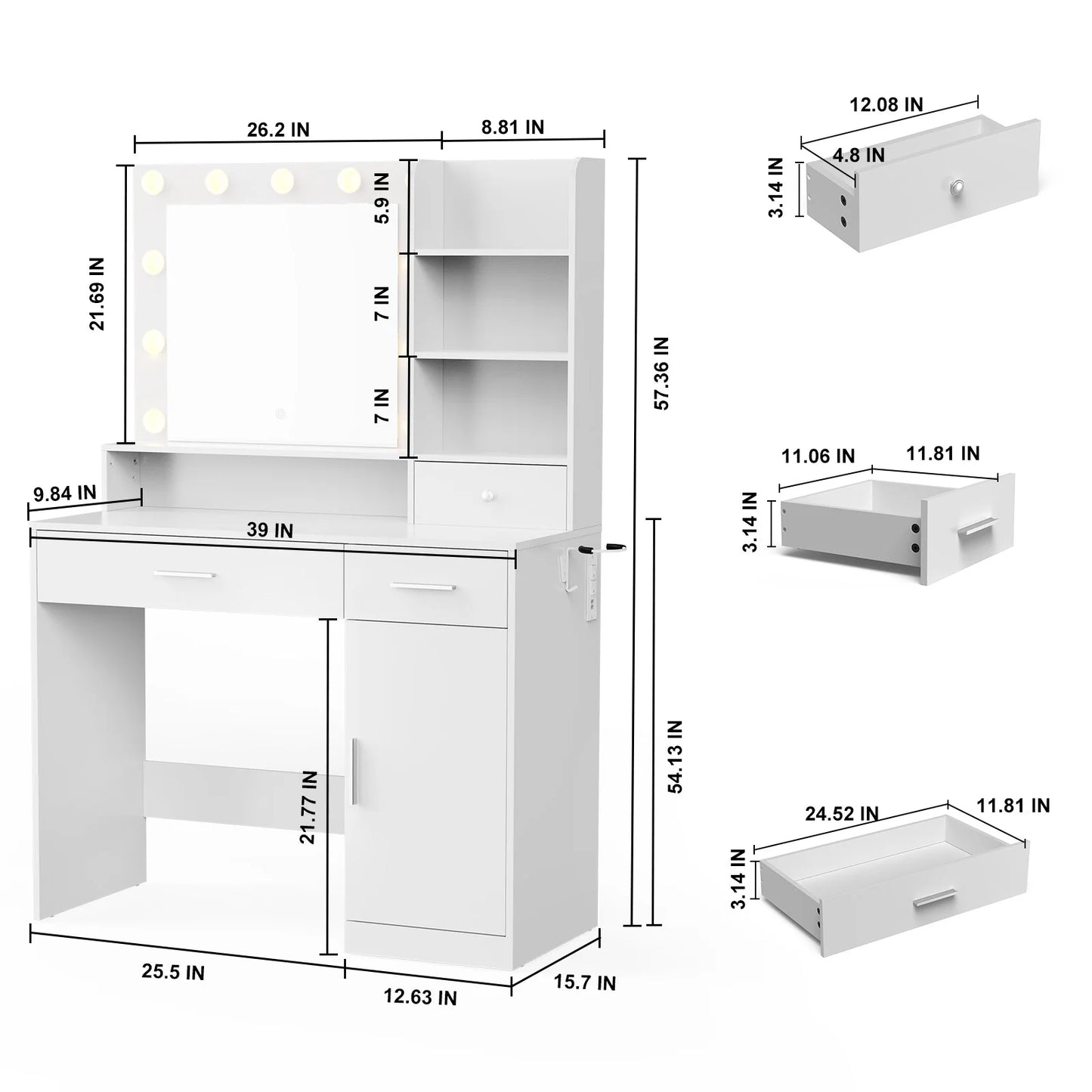 JHK Desser Vanity Desk With Mirror Lights And Storage